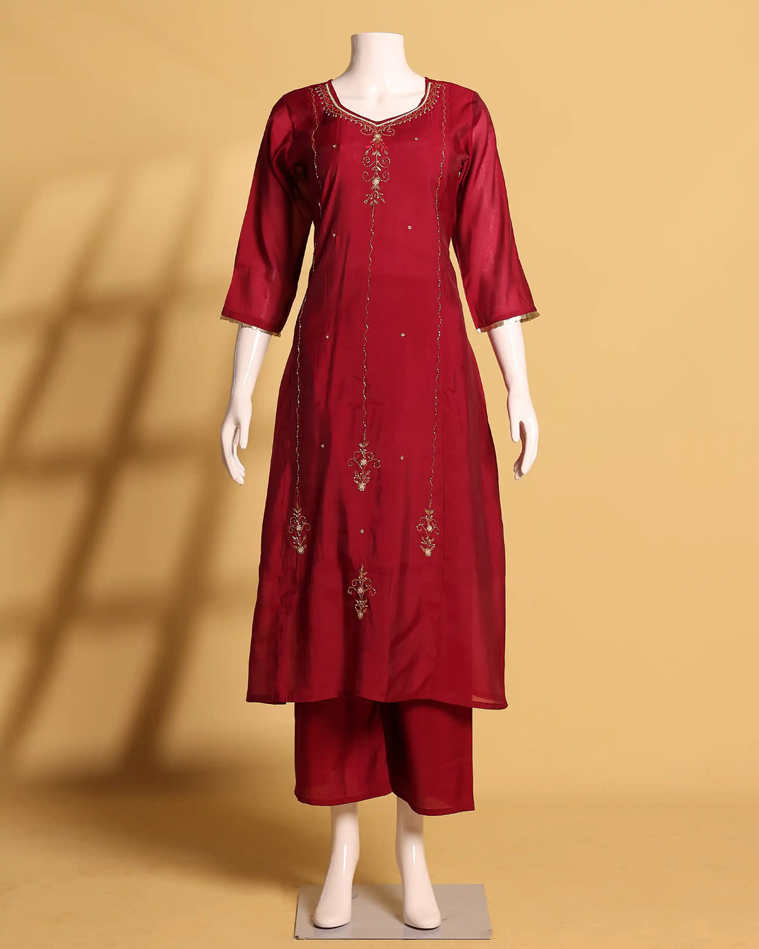 Women's Embroidered Straight Kurta Set with Palazzo Pants and Gold Border Dupatta - Maroon