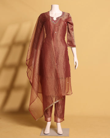 Women's Copper Brown Shimmer Straight Kurta Set with Embellished Neckline, Matching Pants and Dupatta