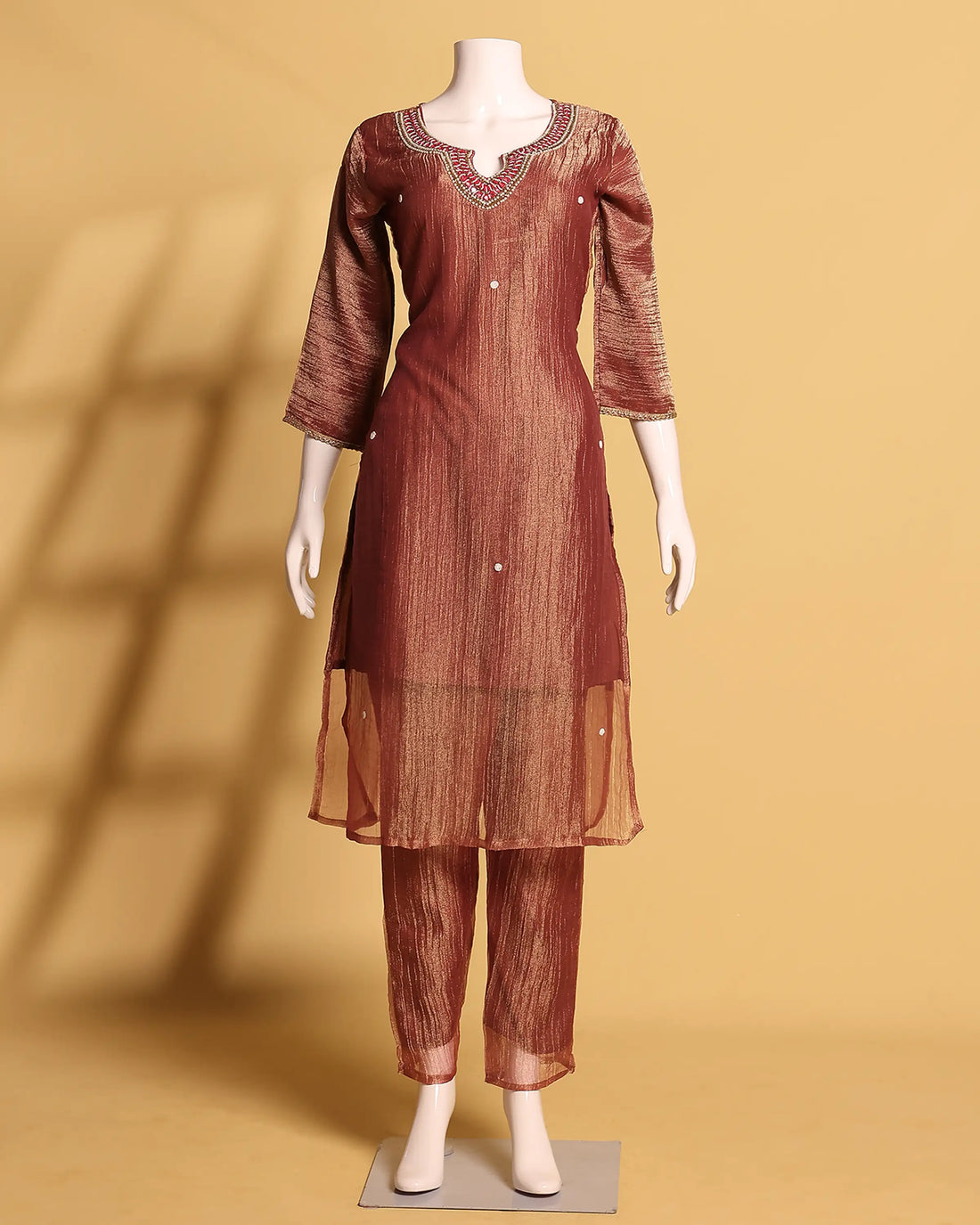Women's Copper Brown Shimmer Straight Kurta Set with Embellished Neckline, Matching Pants and Dupatta