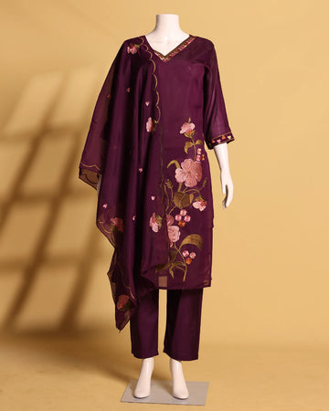 Women's Floral Embroidered Straight Kurta Set with Matching Pants and Dupatta - Purple
