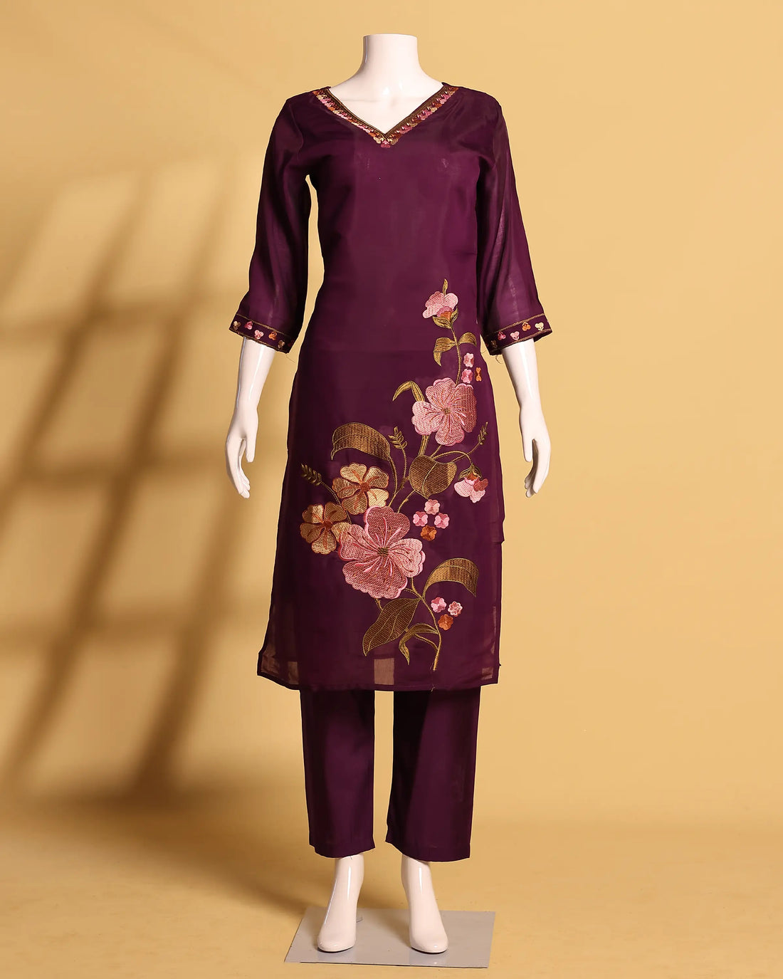 Women's Floral Embroidered Straight Kurta Set with Matching Pants and Dupatta - Purple