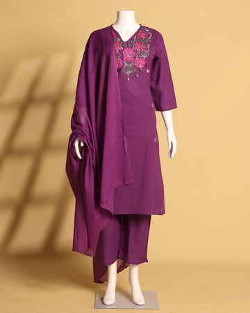 Elegant Floral Embroidered Cotton Salwar Suit Set with Dupatta - Purple