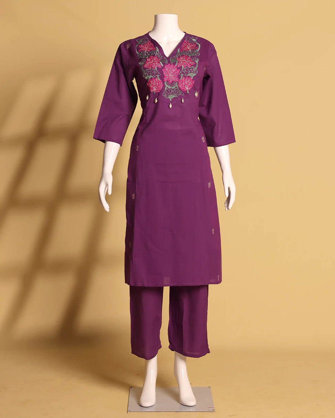 Elegant Floral Embroidered Cotton Salwar Suit Set with Dupatta - Purple
