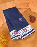 Kota Cotton Saree with Intricate Floral Embroidery Traditional Geometric Floral Pattern Border - Navy Blue