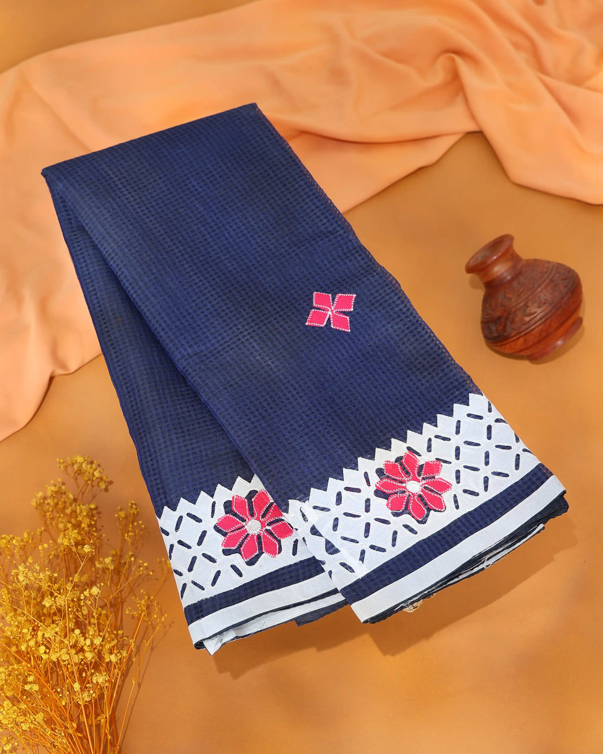 Kota Cotton Saree with Intricate Floral Embroidery Traditional Geometric Floral Pattern Border - Navy Blue