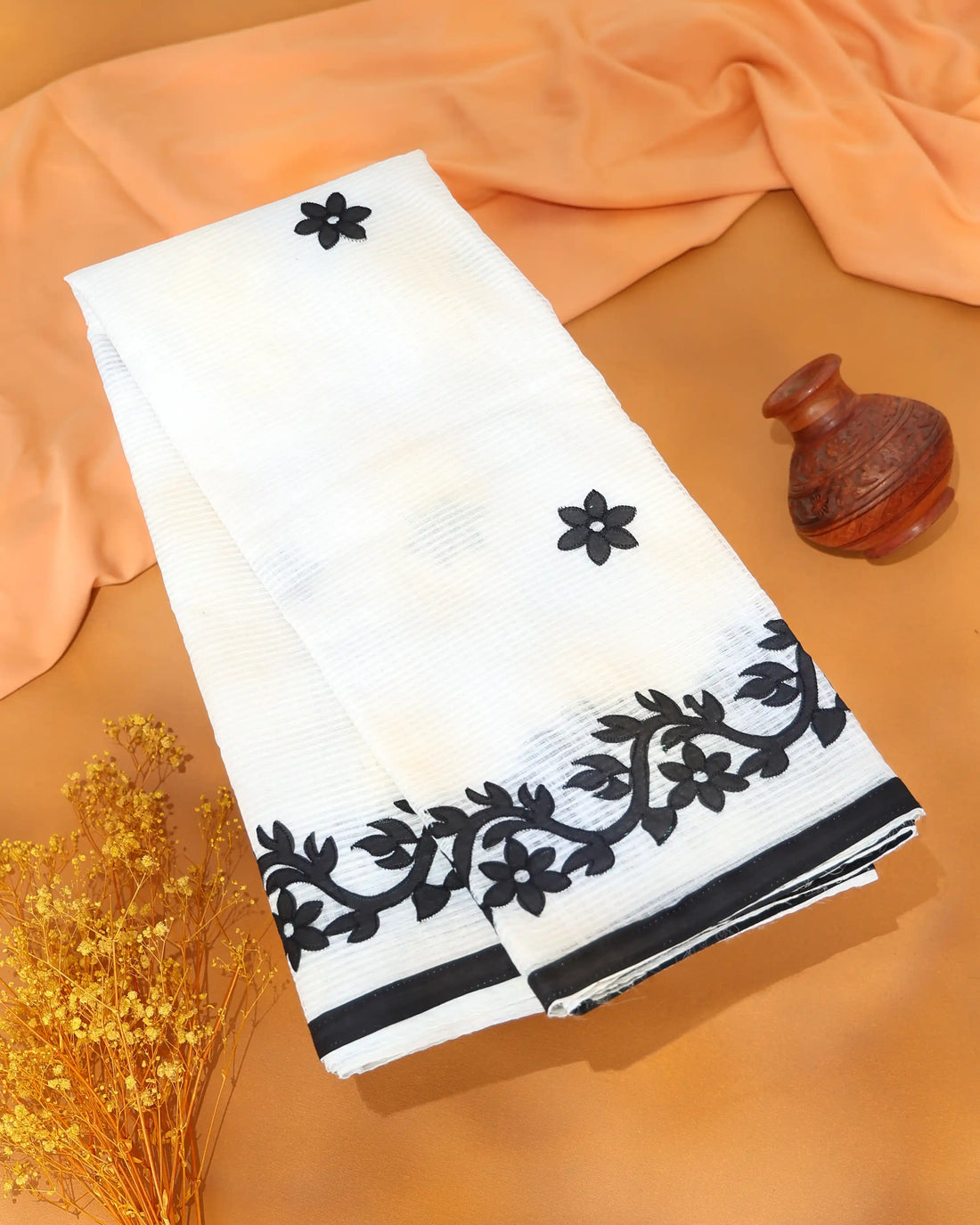 Kota Cotton Saree with Intricate Floral Applique Border Delicate Floral Motifs and Decorative Pallu Design - Off White