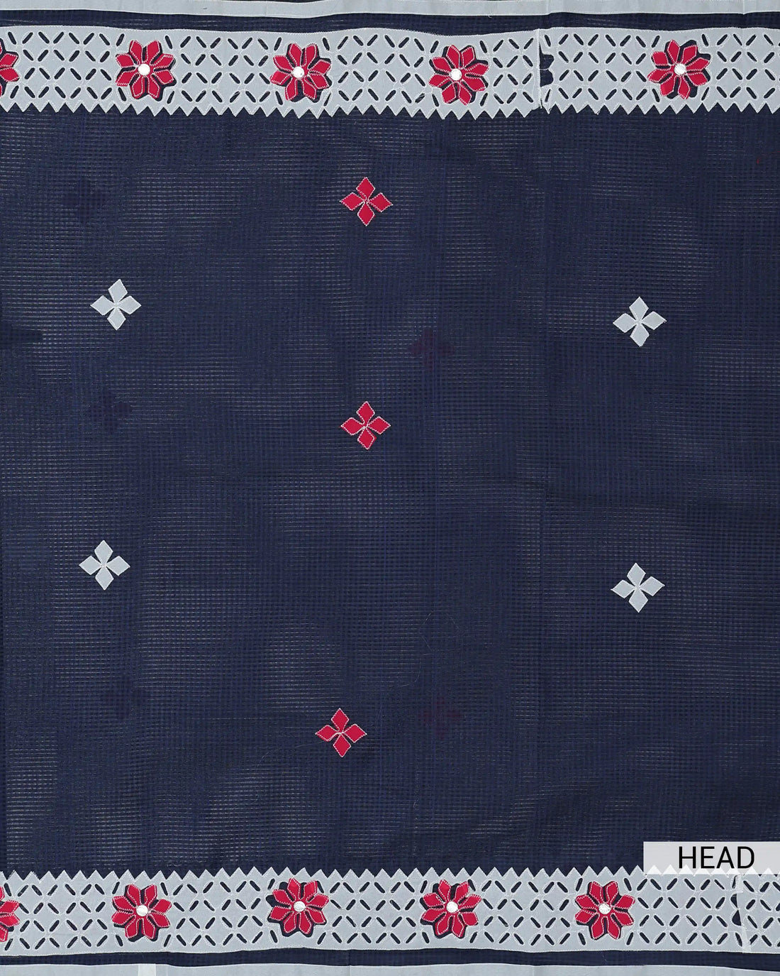 Kota Cotton Saree with Intricate Floral Embroidery Traditional Geometric Floral Pattern Border - Navy Blue