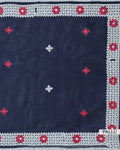 Kota Cotton Saree Pallu View Featuring Red Floral Motifs and White Patterned Border on Navy Blue.