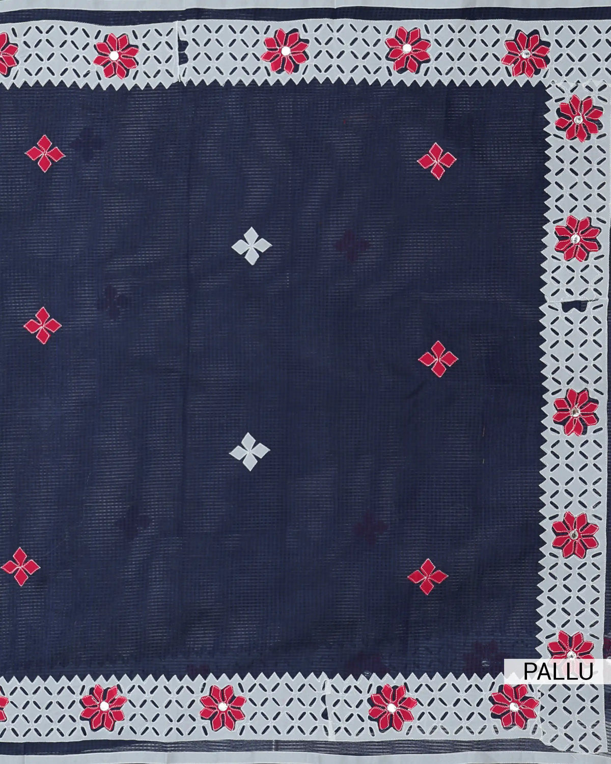 Kota Cotton Saree Pallu View Featuring Red Floral Motifs and White Patterned Border on Navy Blue.