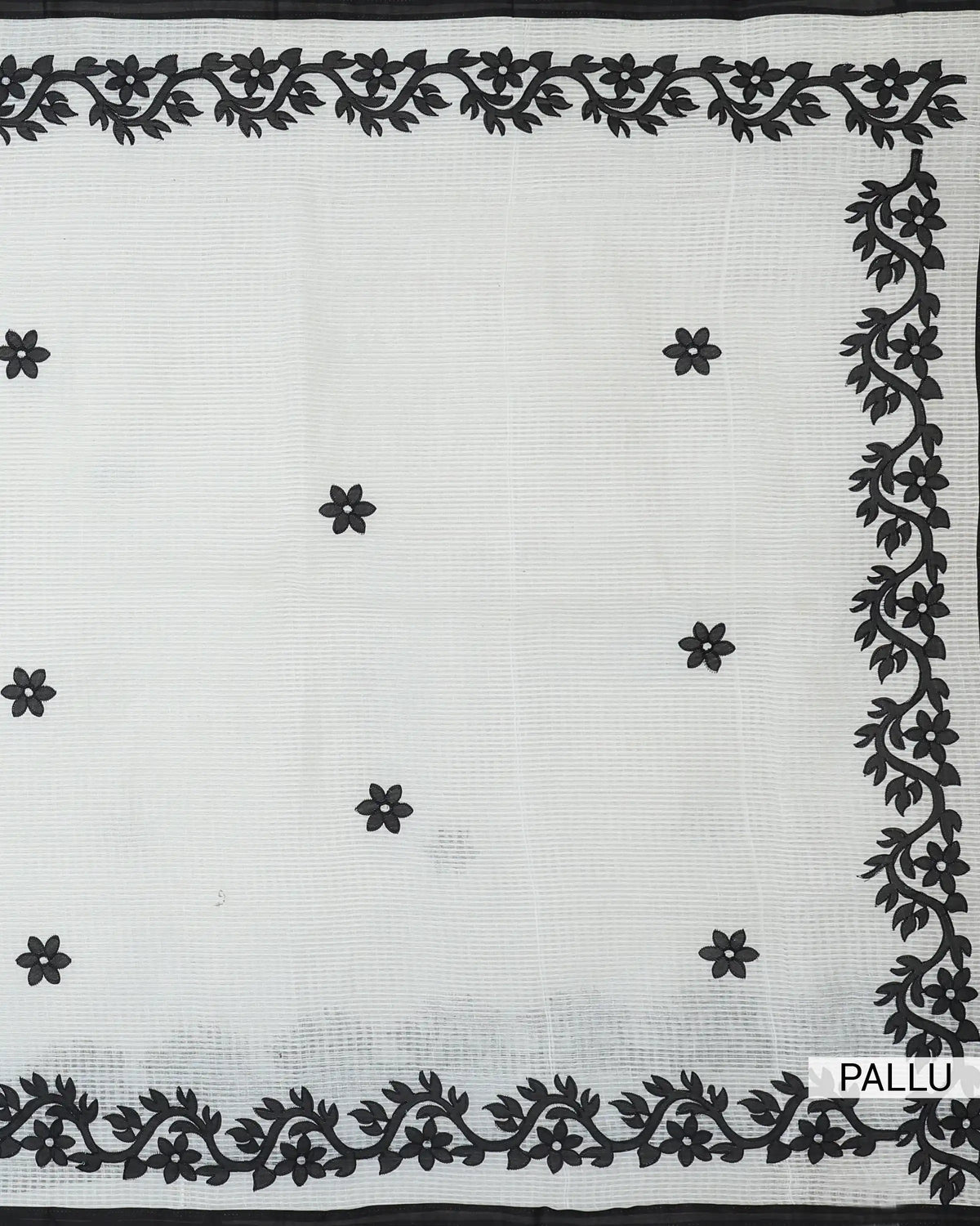 Off white kota cotton saree with intricate floral vine embroidery black scalloped borders and scattered flower motifs pallu view.