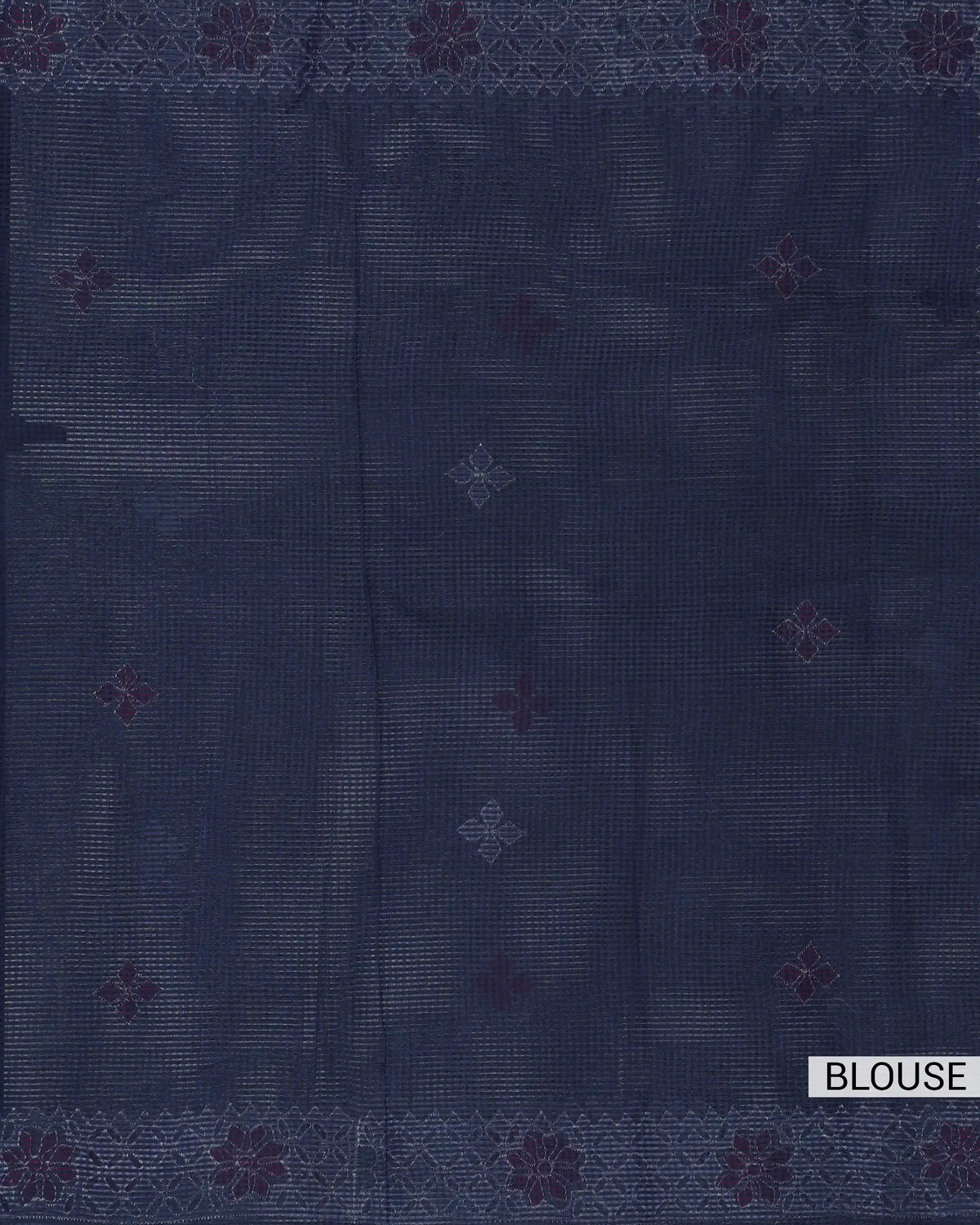 Navy blue Kota cotton saree with subtle woven motifs and floral border detailing blouse view.