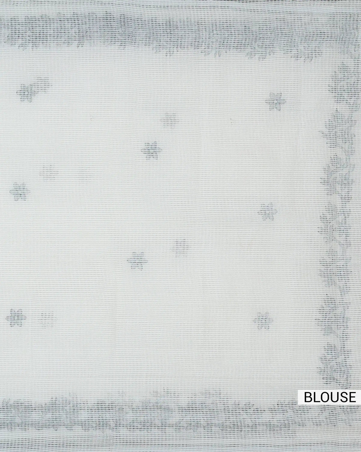 White blouse fabric with subtle woven floral motifs and textured horizontal border detailing full fabric view.