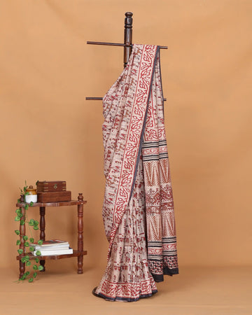 Bagru Printed Cotton Saree with Traditional Elephant & Figurative Motifs Floral Border and Intricate Patterned Pallu - Beige