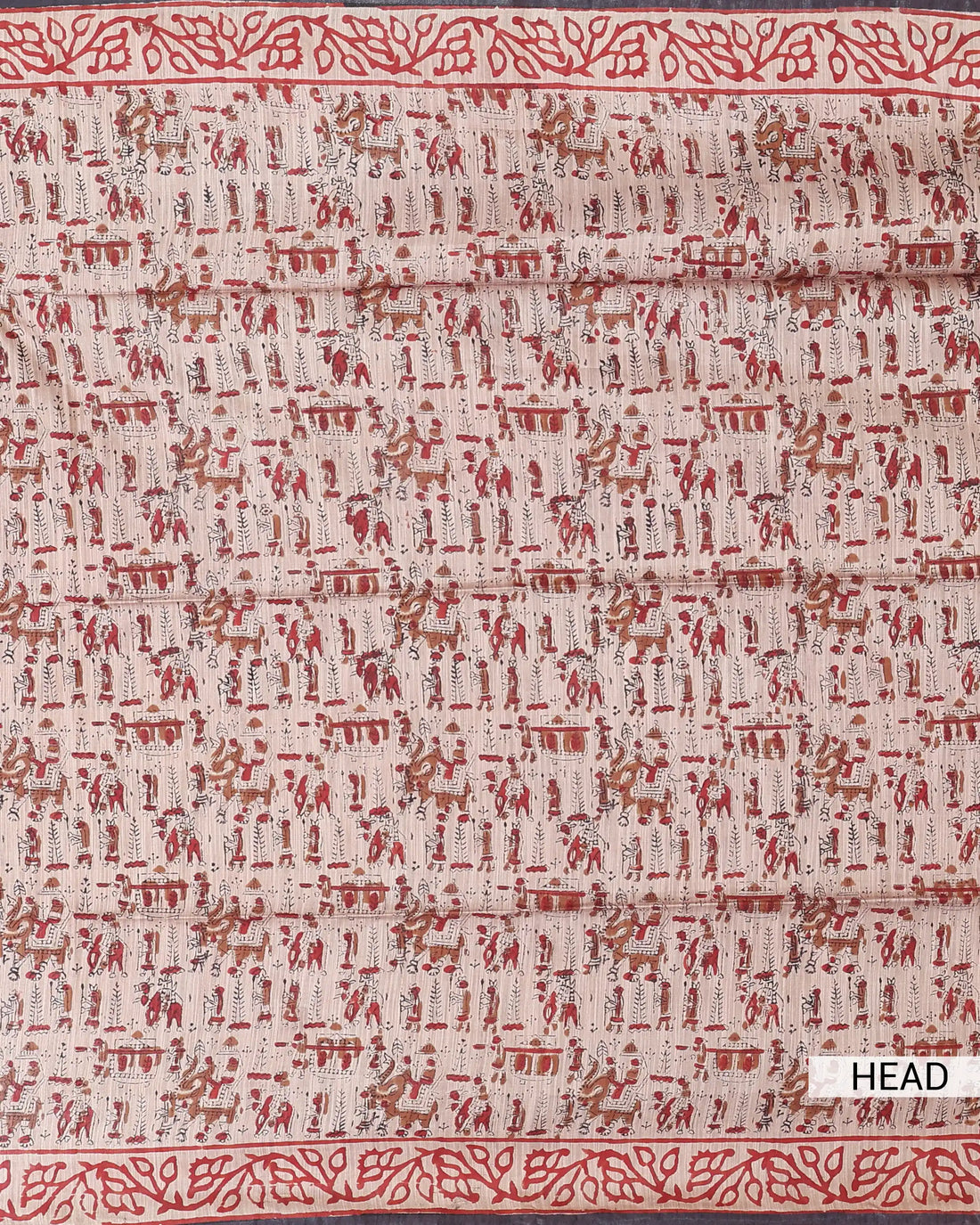 Bagru Printed Cotton Saree with Traditional Elephant & Figurative Motifs Floral Border and Intricate Patterned Pallu - Beige