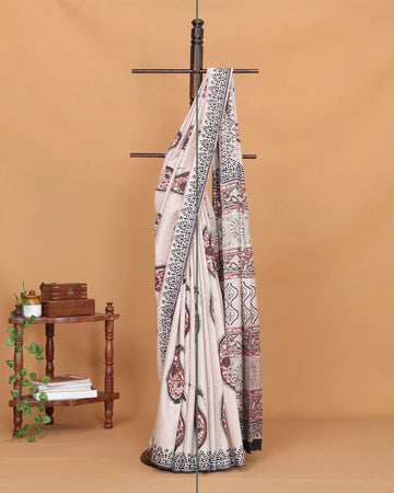 Bagru Printed Cotton Saree with Paisley Motifs and Intricate Floral Border - Beige