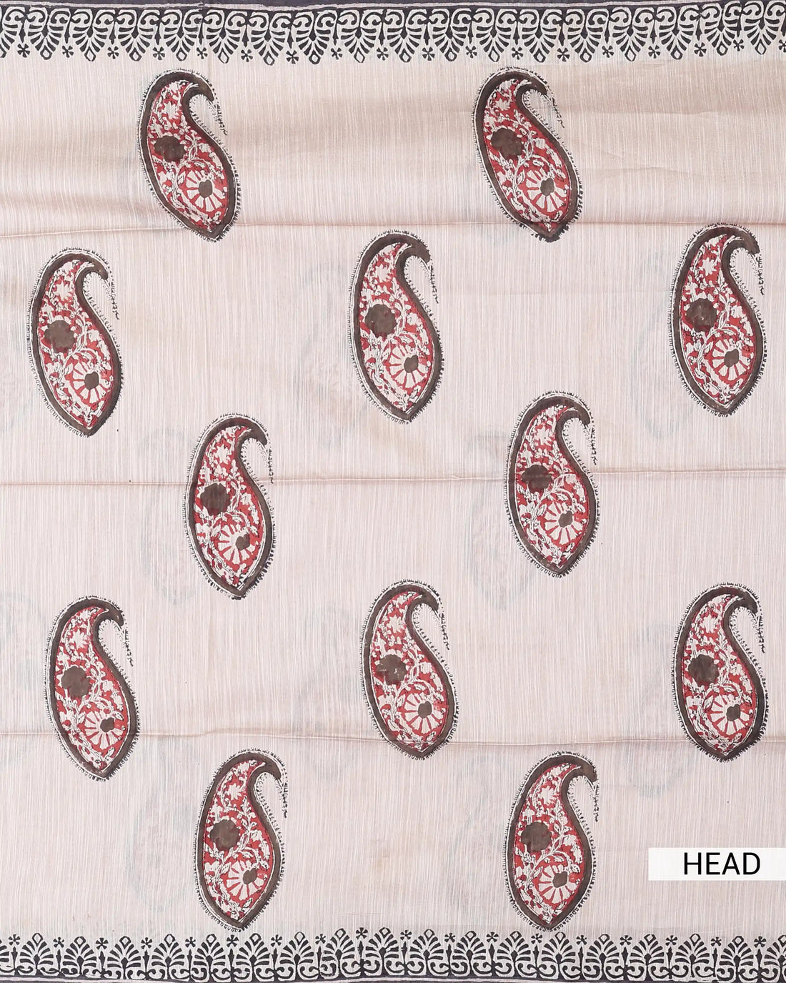Bagru Printed Cotton Saree with Paisley Motifs and Intricate Floral Border - Beige