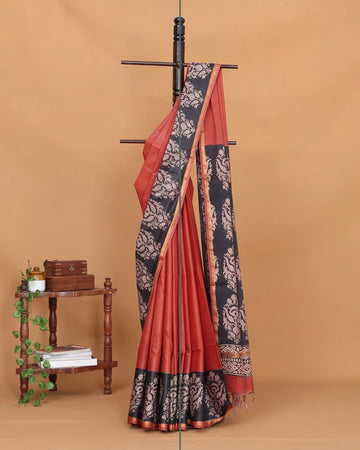 Bagru Print Cotton Saree with Traditional Floral Block Print Contrast Printed Border & Decorative Pallu - Red