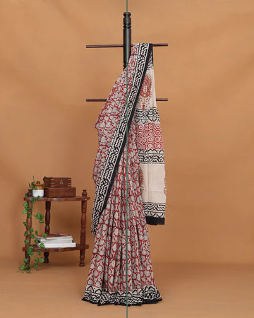 Bagru Printed Cotton Saree with Traditional Floral Motifs and Contrast Printed Border - Red