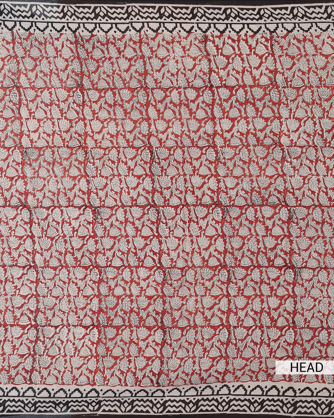 Bagru Printed Cotton Saree with Traditional Floral Motifs and Contrast Printed Border - Red