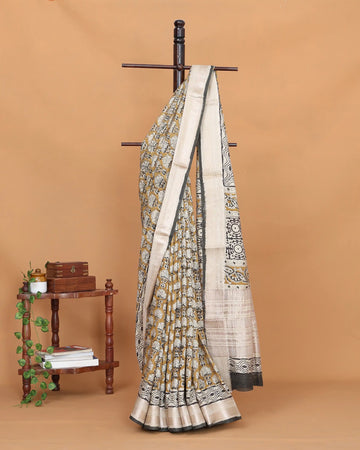 Bagru Print Cotton Saree with Floral Motif Traditional Wavy Border Paisley Pallu and Decorative Printed End Panels - Yellow