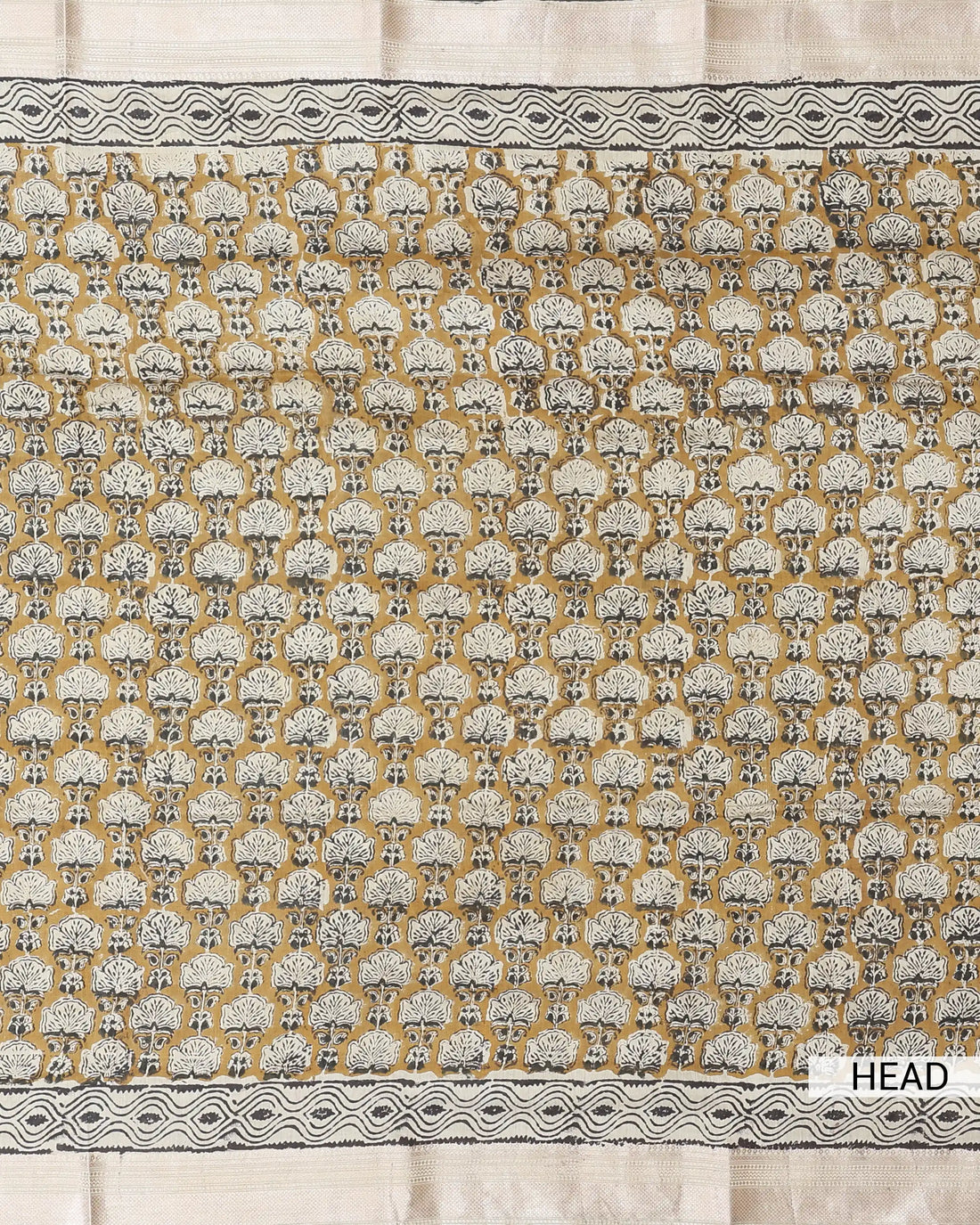 Bagru Print Cotton Saree with Floral Motif Traditional Wavy Border Paisley Pallu and Decorative Printed End Panels - Yellow