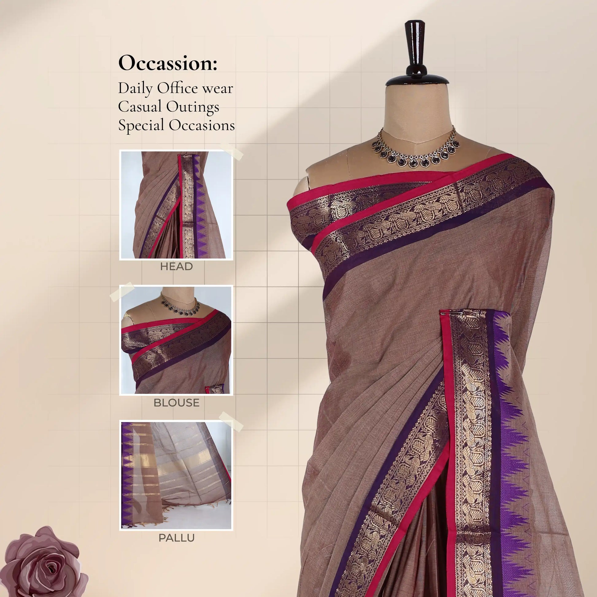 Chettinad cotton saree with plain body broad peacock zari border and contrast temple border front draped view on mannequin.