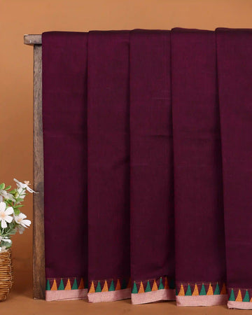 Women's Deep Wine Maroon Chettinad Cotton Saree with Multicolour Temple Motif Thread Woven Border
