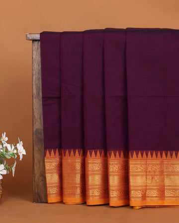 Women's Deep Wine Maroon Chettinad Cotton Saree with Traditional Temple Motif Gold Zari Border