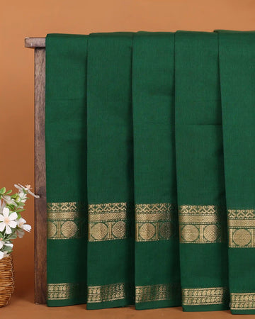 Women's Forest Green Chettinad Cotton Saree with Traditional Gold Zari Woven Geometric Border