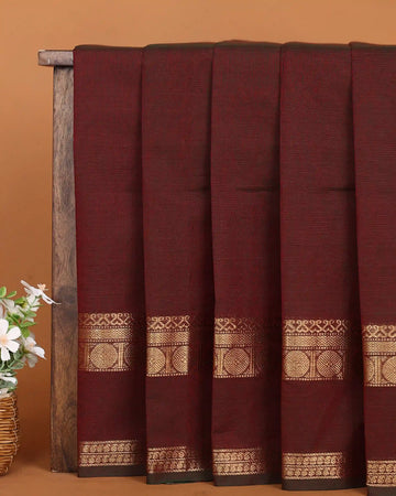 Women's Deep Maroon Chettinad Cotton Saree with Antique Gold Zari Woven Geometric Border