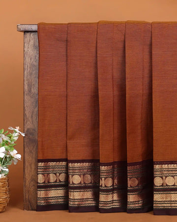 Women's Rust Brown Chettinad Cotton Saree with Maroon and Gold Zari Woven Geometric Border