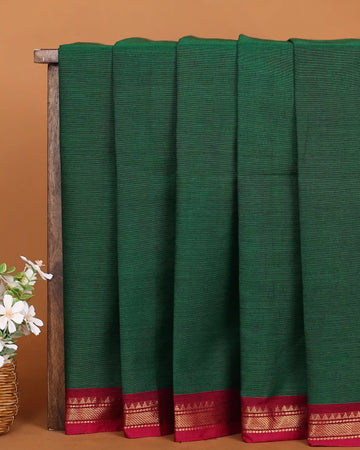 Women's Deep Forest Green Chettinad Cotton Saree with Contrast Maroon and Gold Zari Woven Border