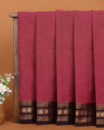 Women's Dusty Rose Pink Chettinad Cotton Saree with Contrast Deep Maroon and Antique Gold Zari Woven Geometric Border