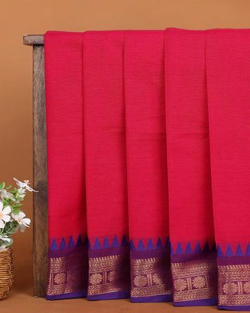 Women's Rani Pink Chettinad Cotton Saree with Royal Purple Temple Motif and Gold Zari Woven Border