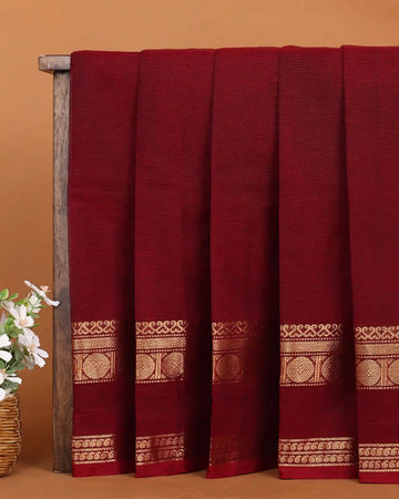 Women's Deep Maroon Chettinad Cotton Saree with Traditional Antique Gold Zari Woven Circular Motif Border
