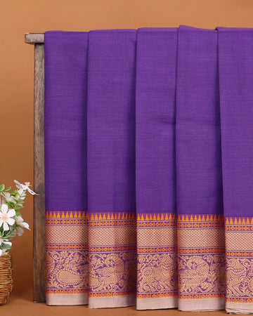 Women's Vibrant Violet Chettinad Cotton Saree with Ornate Copper Gold Peacock and Floral Woven Border