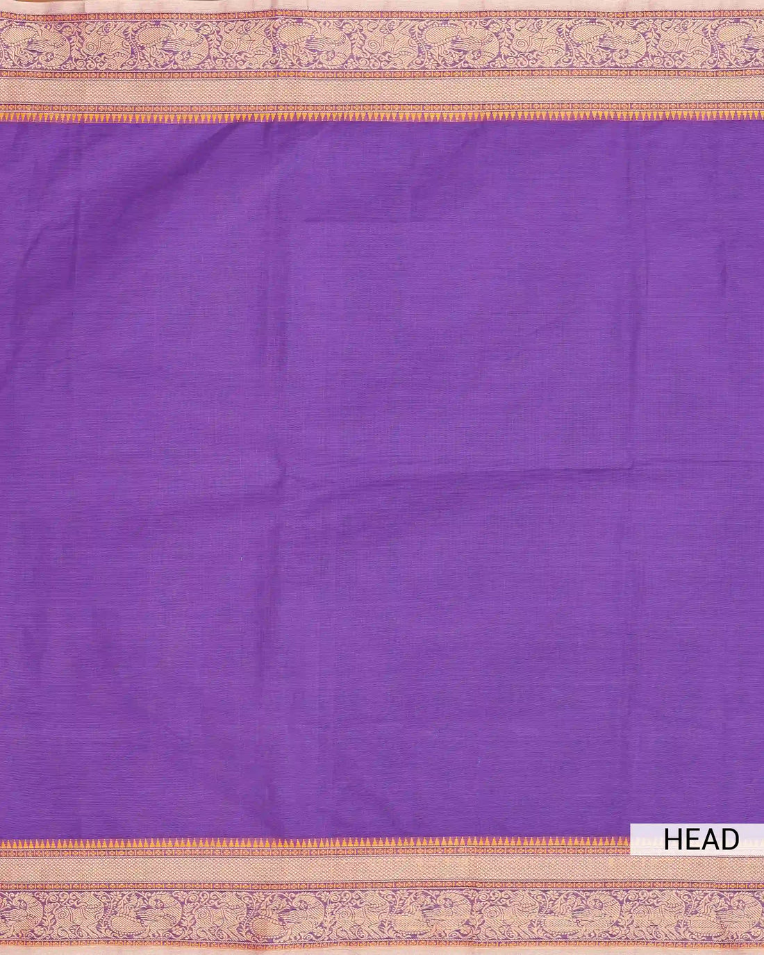 Women's Vibrant Violet Chettinad Cotton Saree with Ornate Copper Gold Peacock and Floral Woven Border