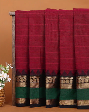 Women's Deep Crimson Red Chettinad Cotton Saree with Black and Gold Zari Woven Border and Contrast Green Accents
