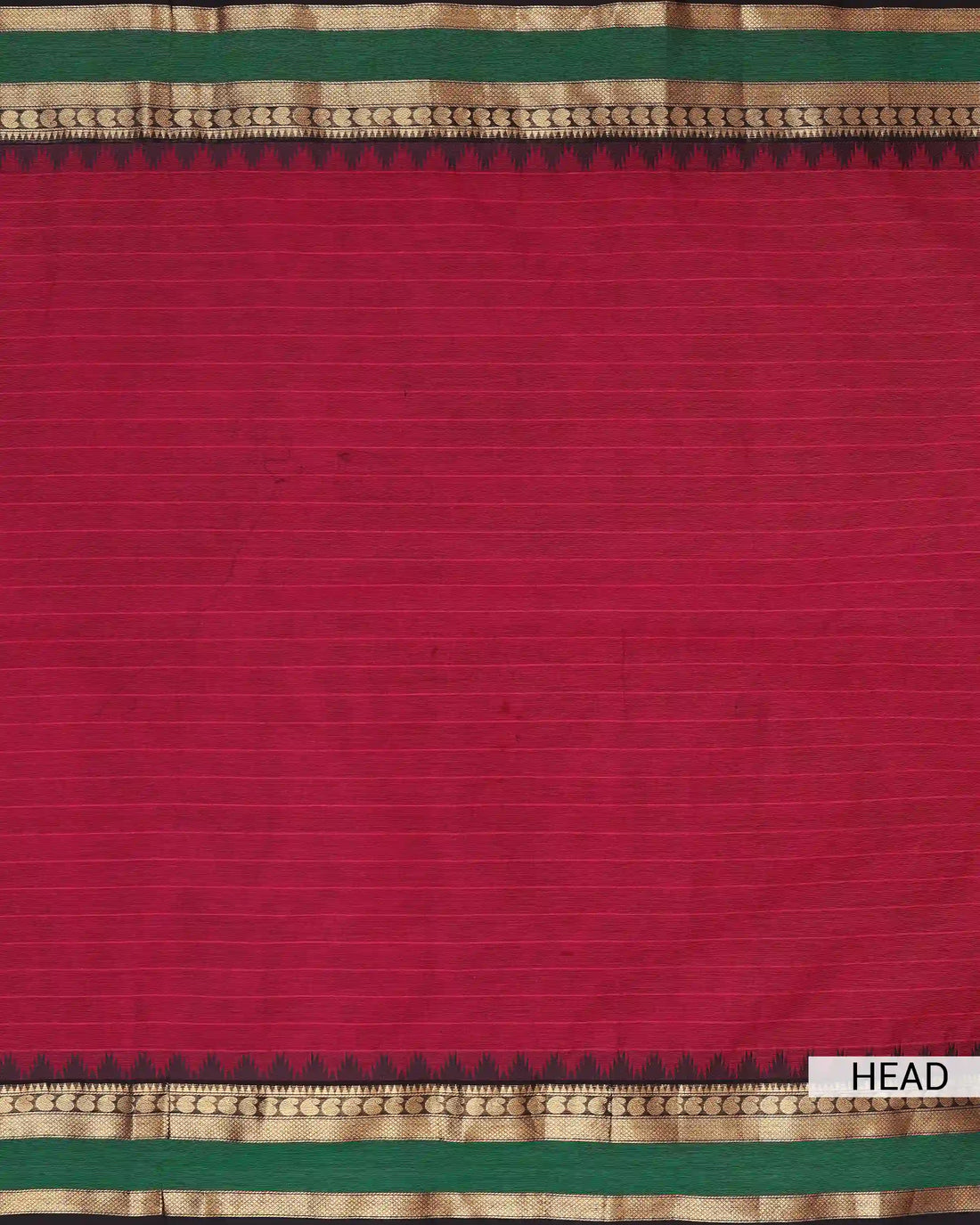 Women's Deep Crimson Red Chettinad Cotton Saree with Black and Gold Zari Woven Border and Contrast Green Accents