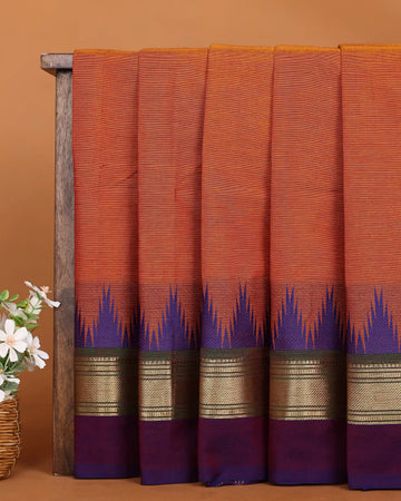 Women's Rust Orange Chettinad Cotton Saree with Royal Purple Temple Motif and Antique Gold Zari Woven Border