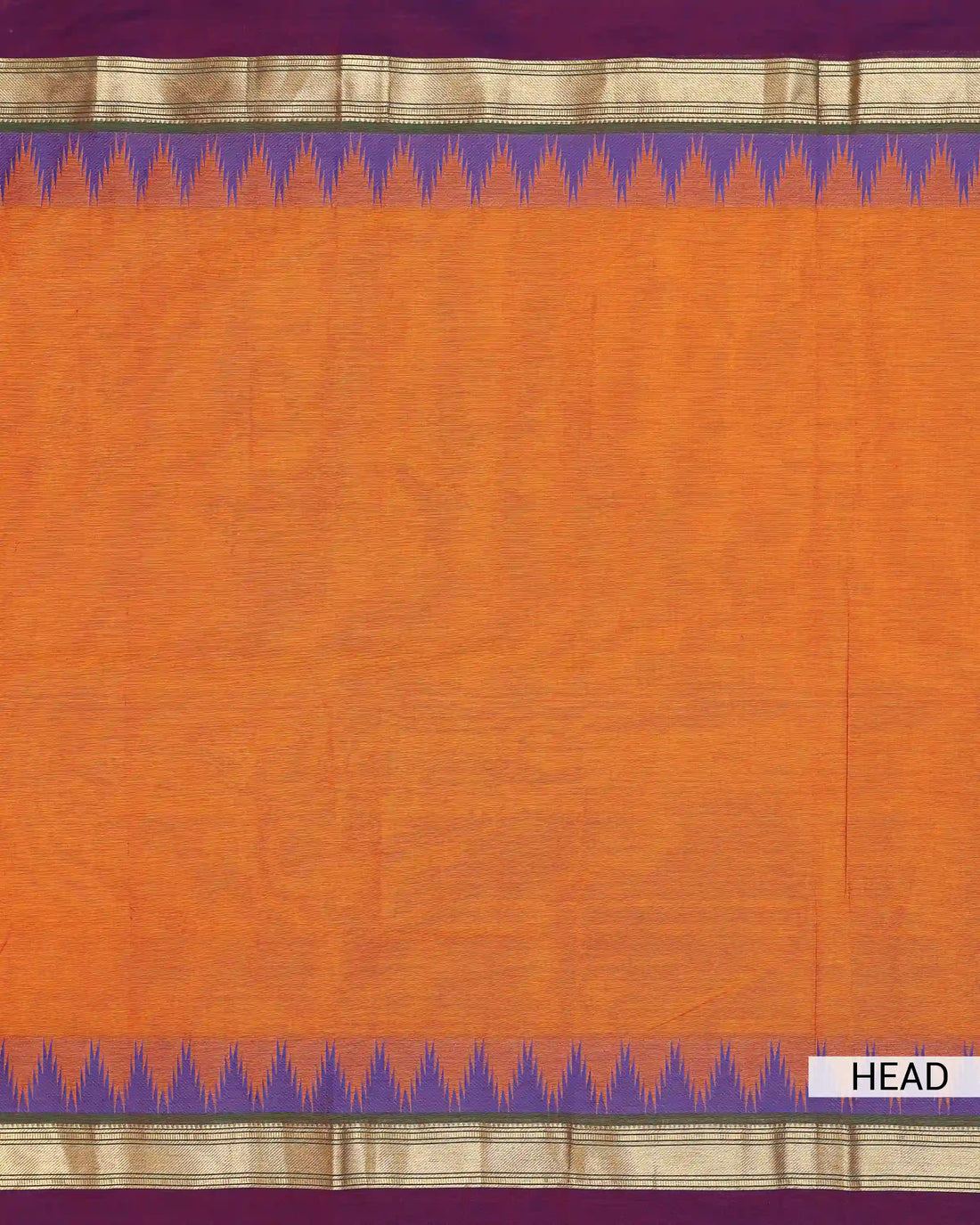 Women's Rust Orange Chettinad Cotton Saree with Royal Purple Temple Motif and Antique Gold Zari Woven Border