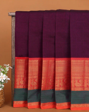 Women's Deep Wine Maroon Chettinad Cotton Saree with Copper Gold Peacock Zari Border and Contrast Green Accents