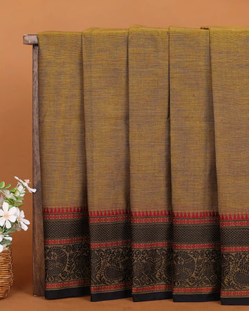 Women's Antique Mustard Gold Chettinad Cotton Saree with Contrast Black and Red Peacock Motif Woven Border