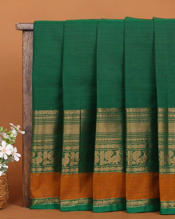 Women's Emerald Green Chettinad Cotton Saree with Traditional Gold Zari Peacock Motif Border and Contrast Rust Orange Accents