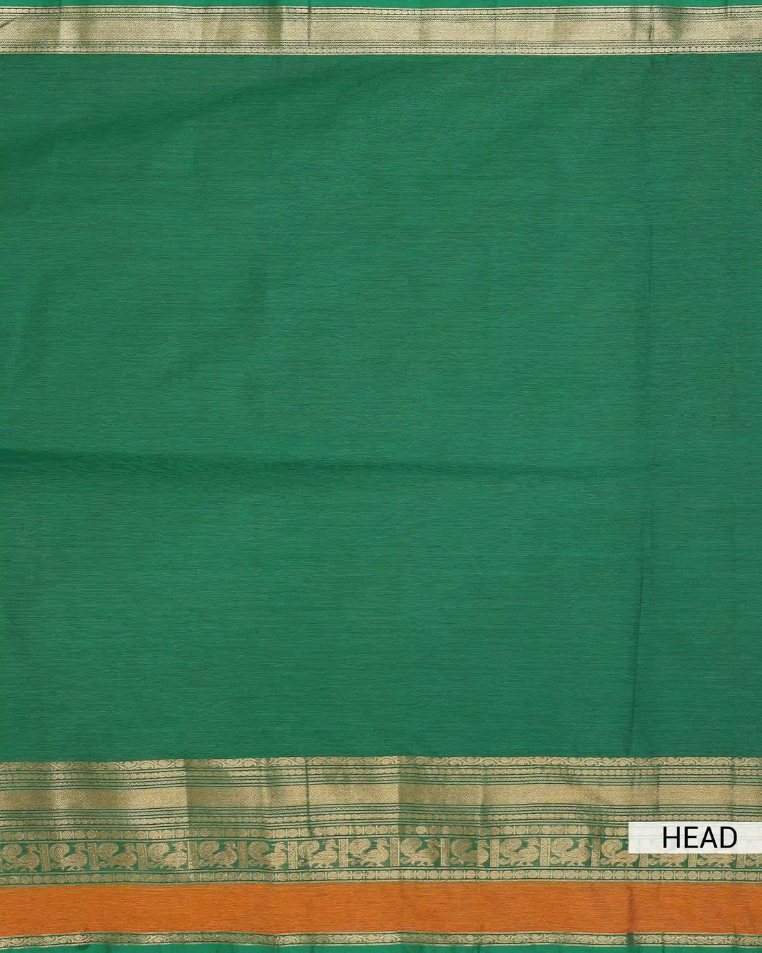 Women's Emerald Green Chettinad Cotton Saree with Traditional Gold Zari Peacock Motif Border and Contrast Rust Orange Accents