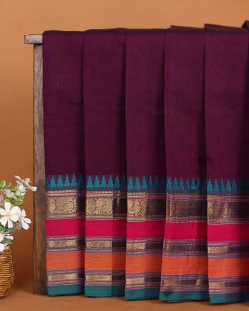 Women's Deep Wine Maroon Chettinad Cotton Saree with Multicolour Peacock Motif Zari Woven Border