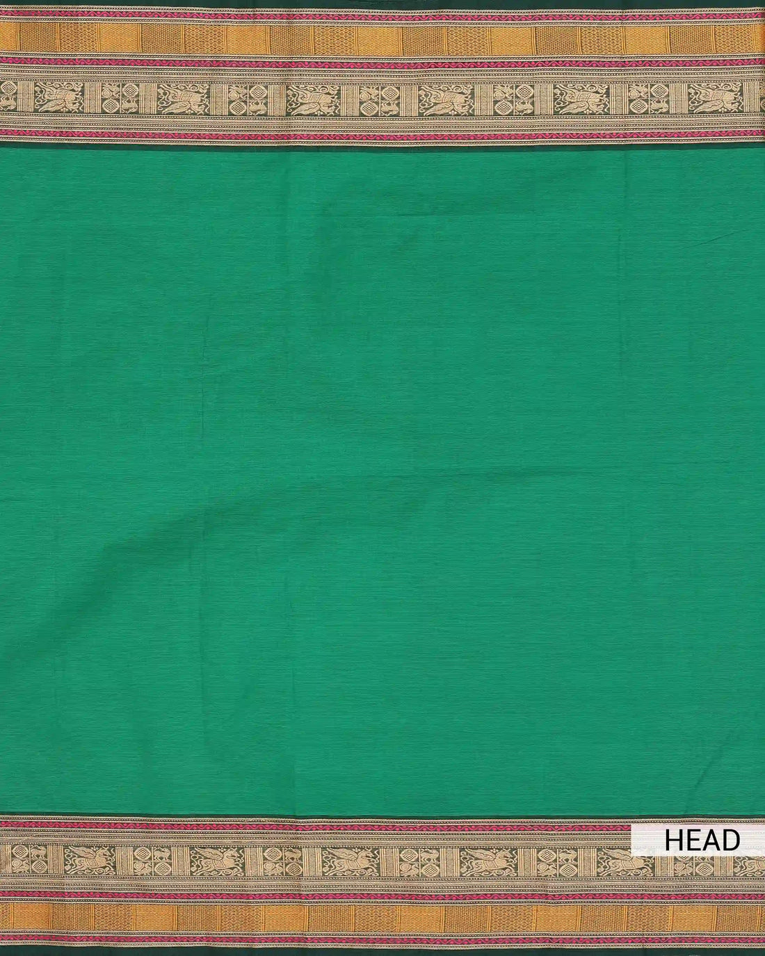Women's Emerald Green Chettinad Cotton Saree with Traditional Peacock and Floral Motif Gold Woven Border with Pink Accents