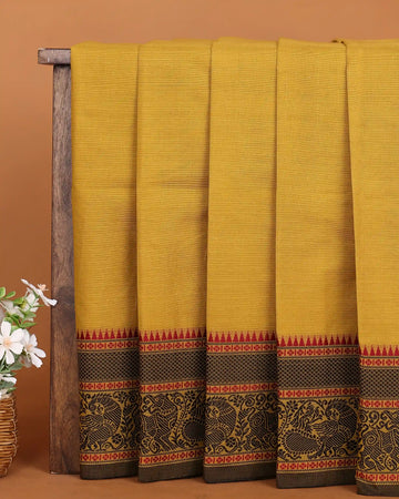 Women's Mustard Yellow Chettinad Cotton Saree with Traditional Black Peacock Motif Woven Border and Red Accents