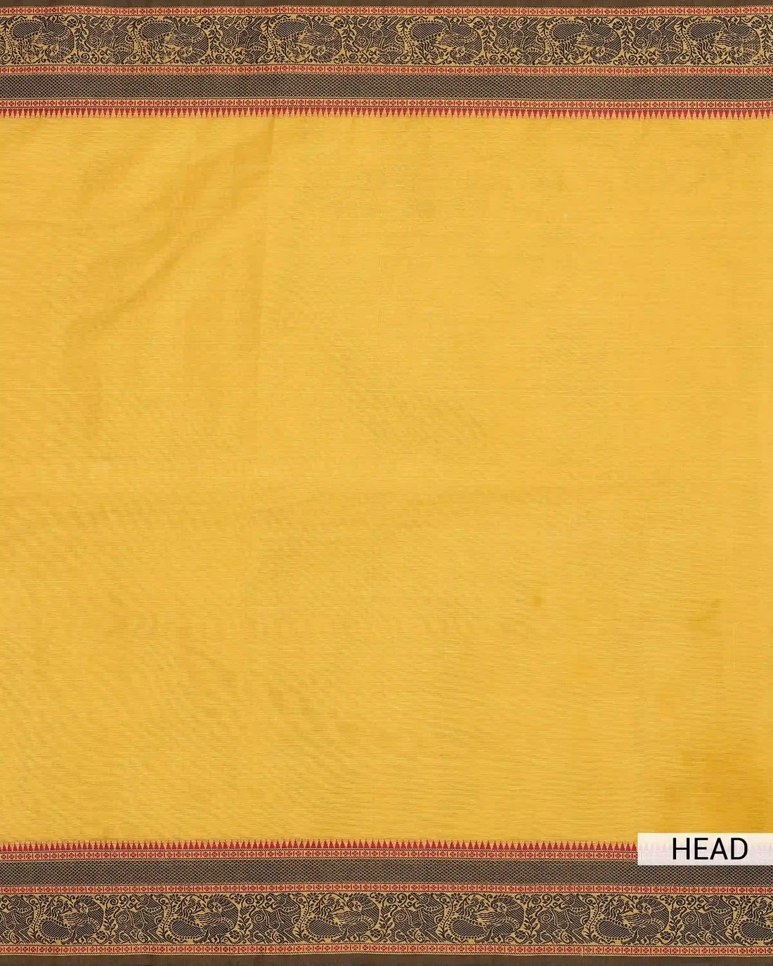 Women's Mustard Yellow Chettinad Cotton Saree with Traditional Black Peacock Motif Woven Border and Red Accents