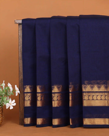 Women's Navy Blue Chettinad Cotton Saree with Traditional Gold Zari Woven Border